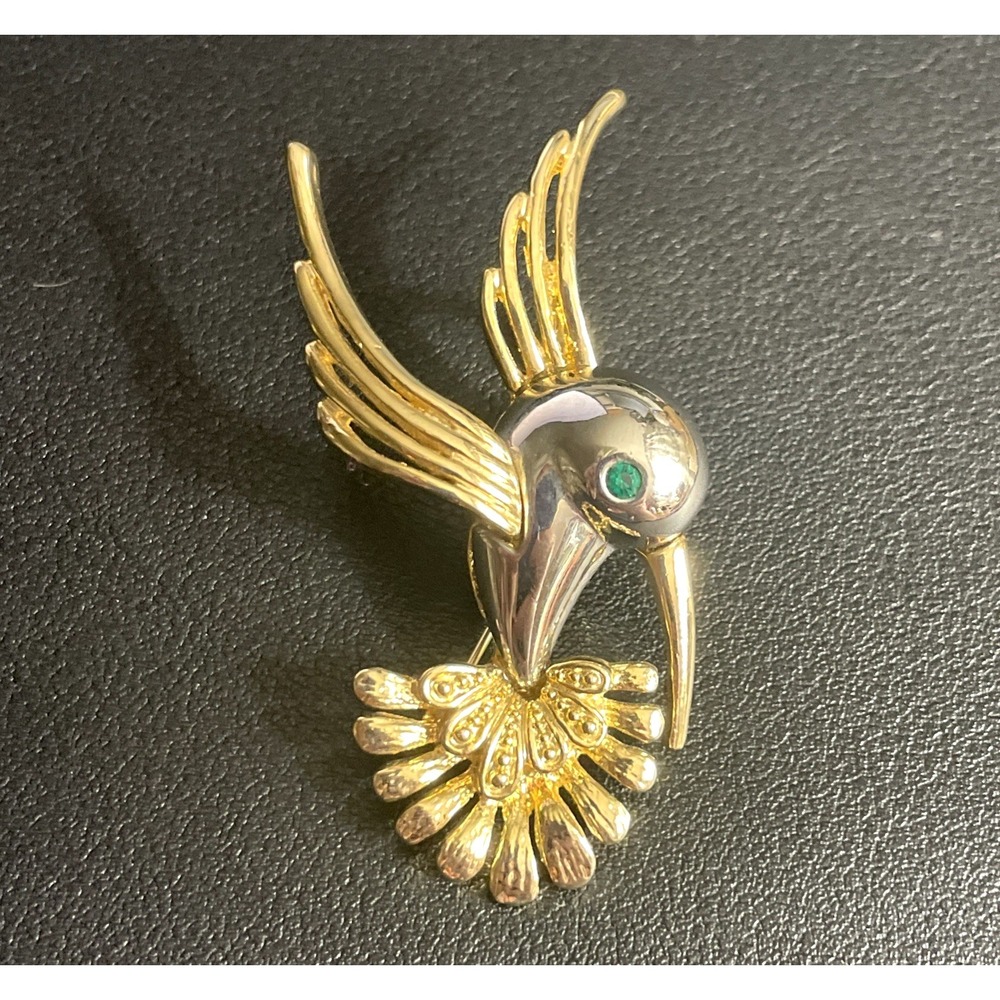 Vintage Hummingbird Brooch Pendant Rhinestone High Polish Two Tone Pin Jewelry